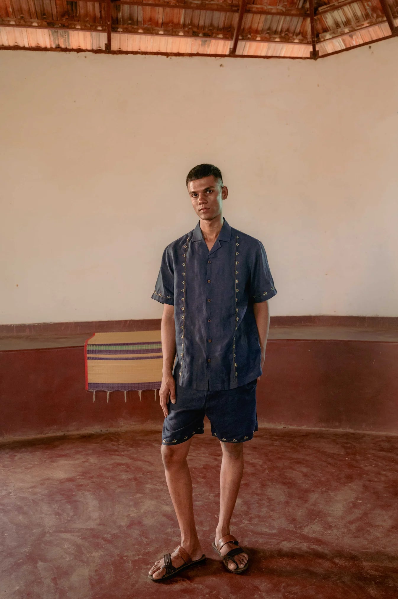 Buds in blue linen shirt