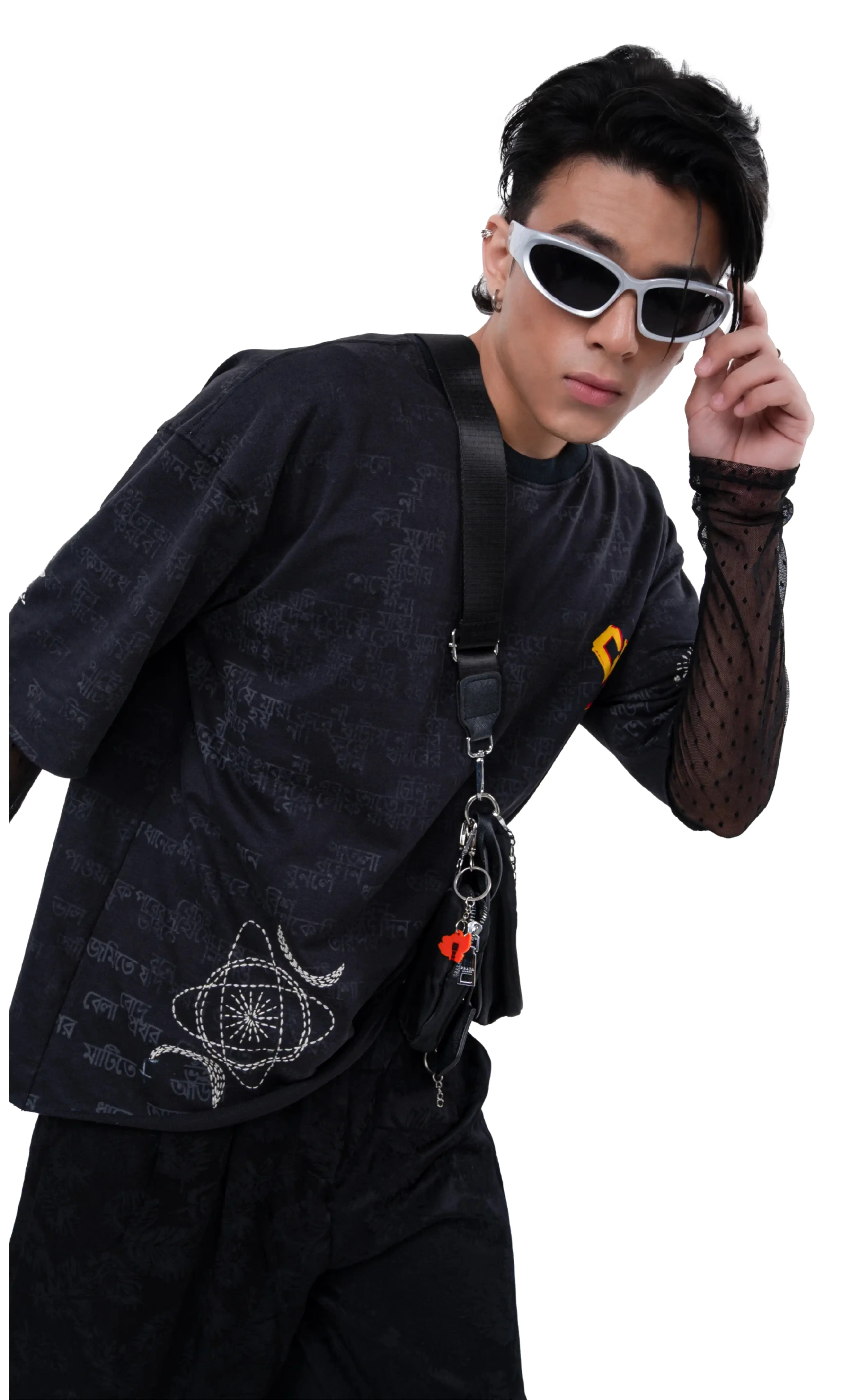 Person wearing a dark jacket with a unique design, holding sunglasses, on a white background
