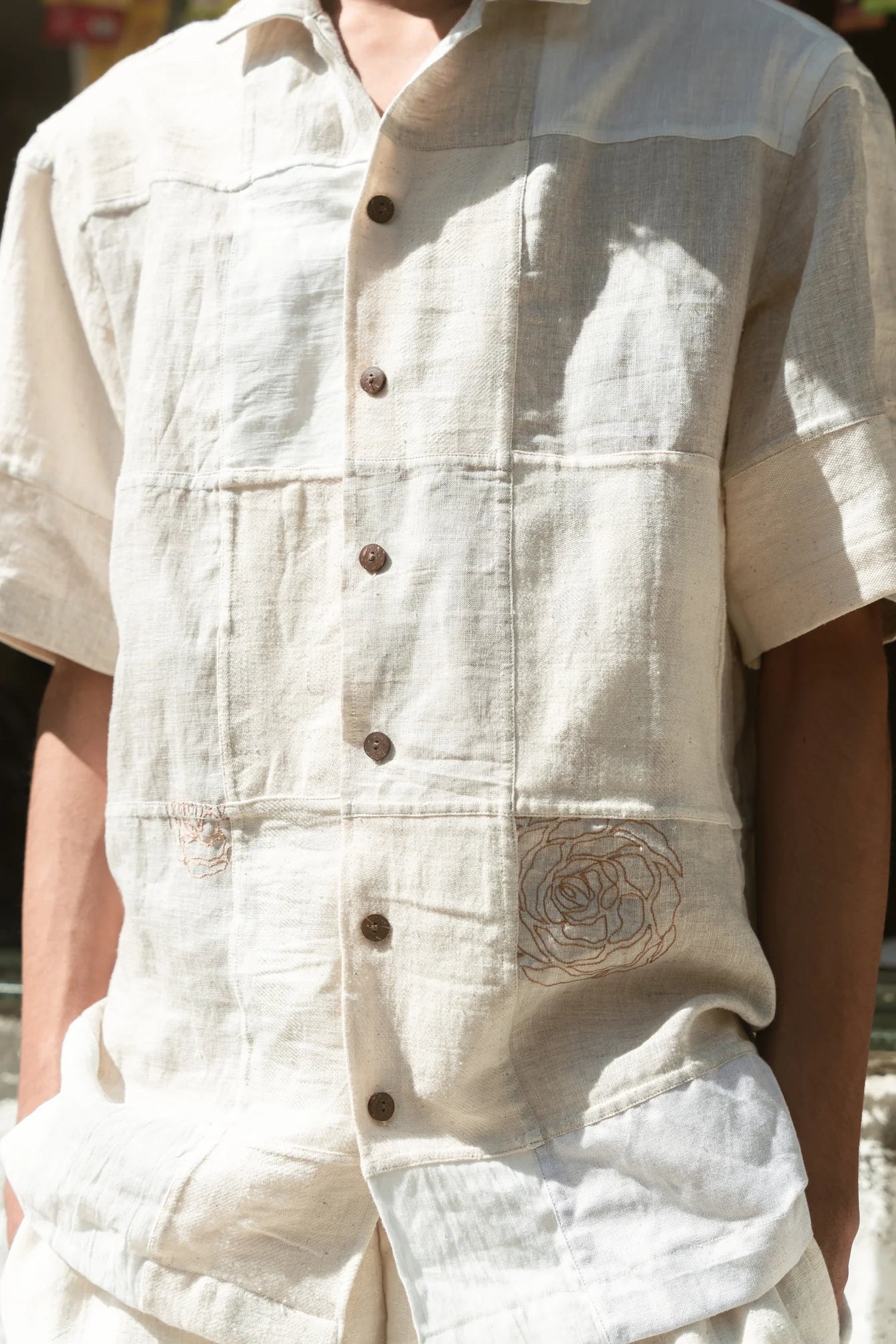 Pursuit of roses off-white and beige patchwork shirt