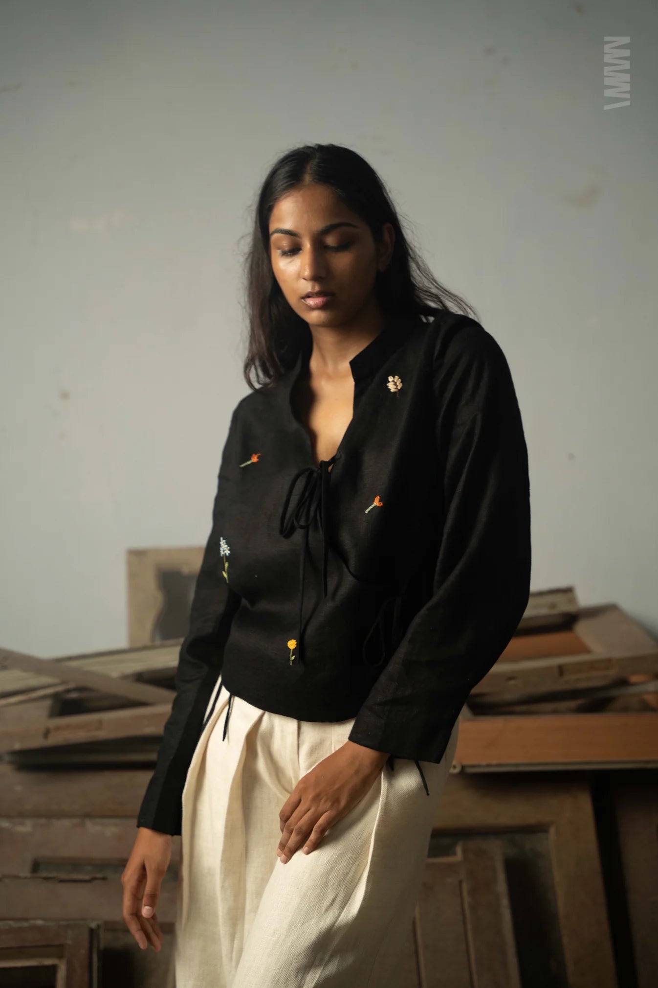 Wild sprigs linen wrap top