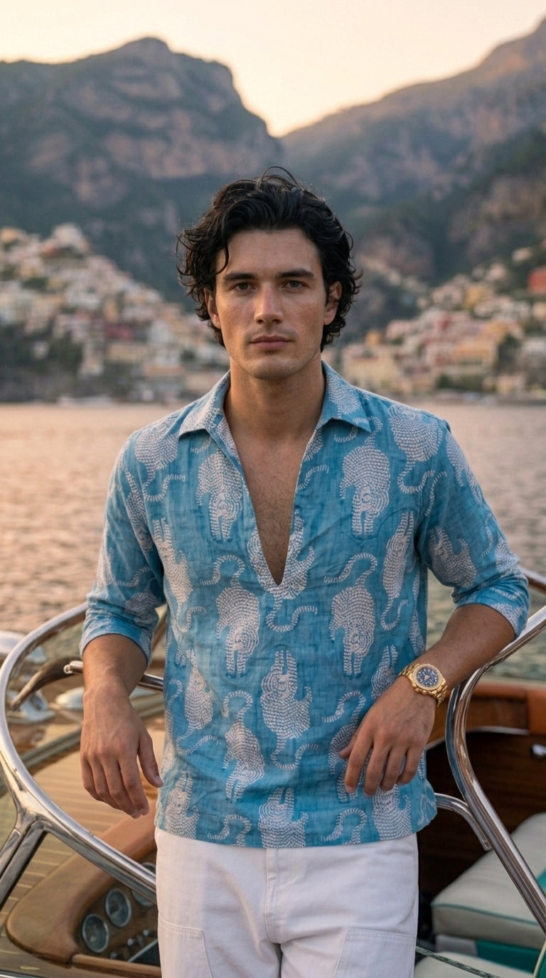 Baagh in Blues — Hand Block Print Men's Cotton Shirt | Jaipur Archives