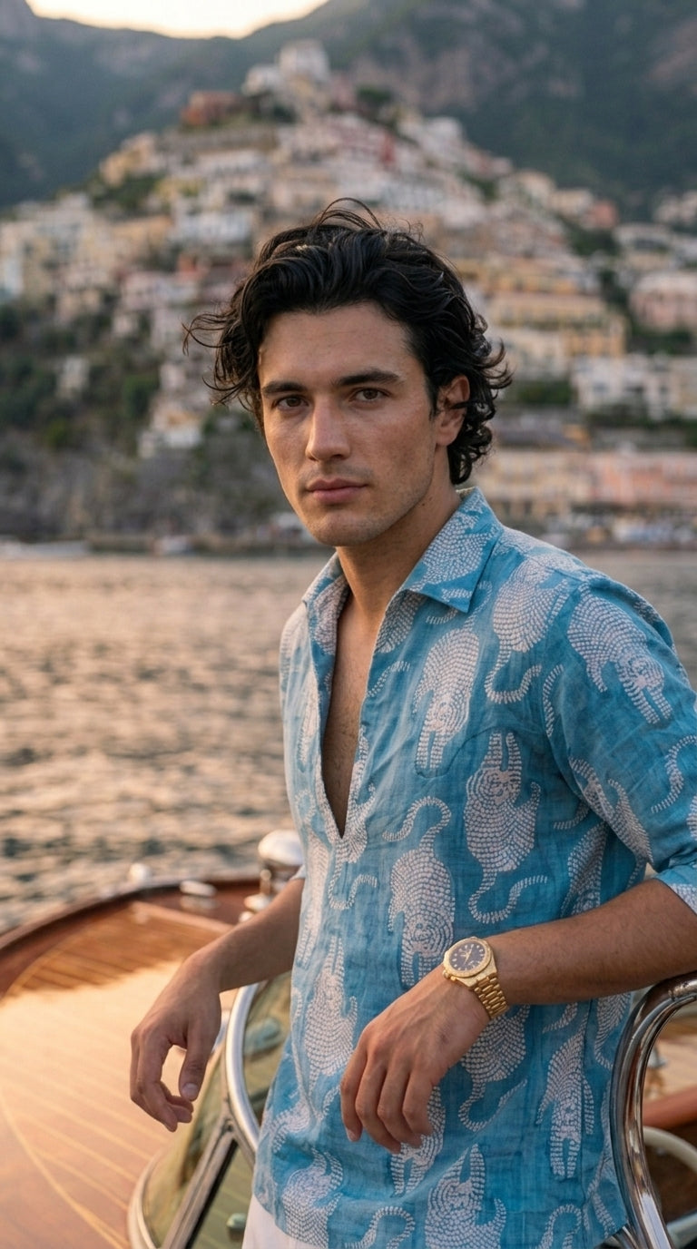 Baagh in Blues — Hand Block Print Men's Cotton Shirt | Jaipur Archives