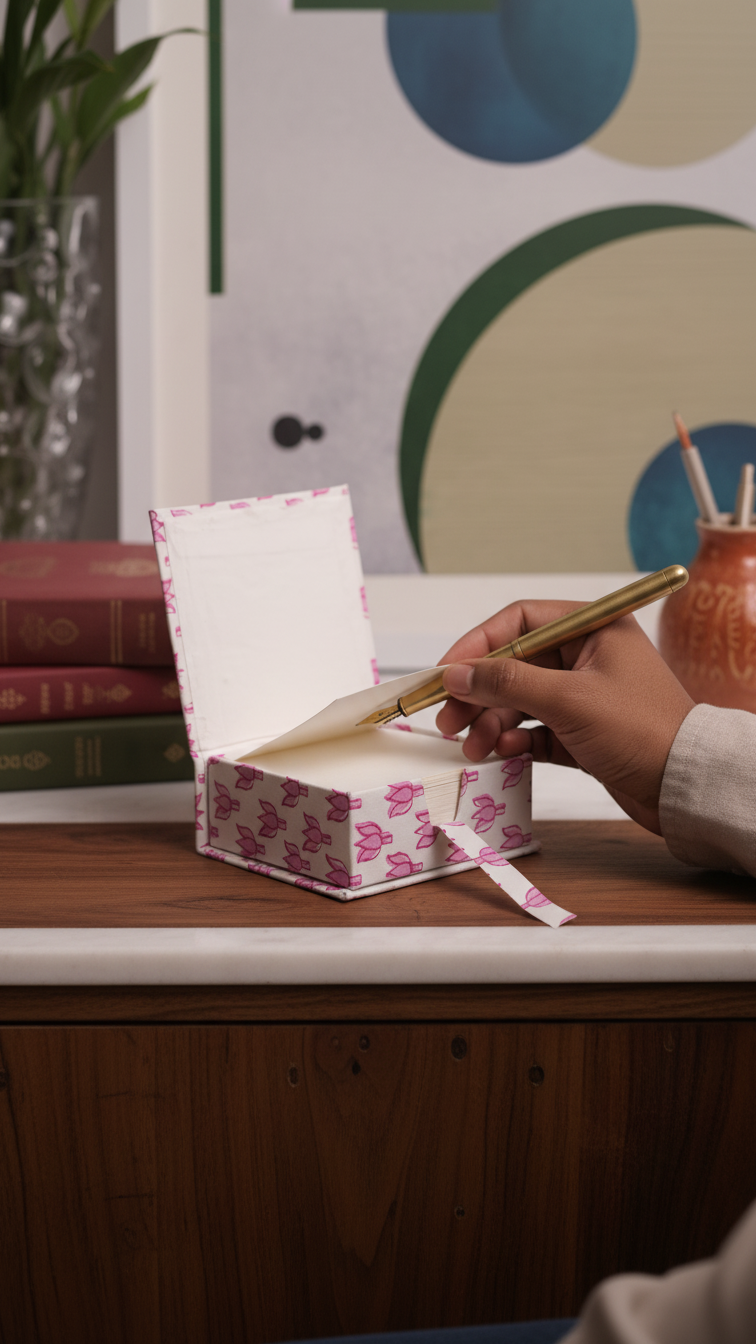 Handmade Block Print Slip Box | Sticky Notes | Indian Artisan Desk Organiser | Unique Gift Australia