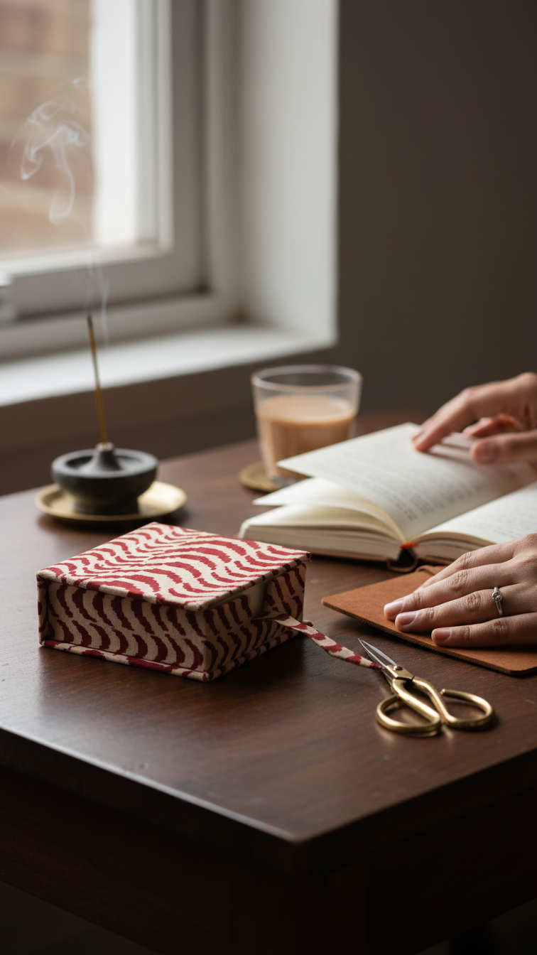 Handmade Block Print Slip Box | Sticky Notes | Indian Artisan Desk Organiser | Unique Gift Australia