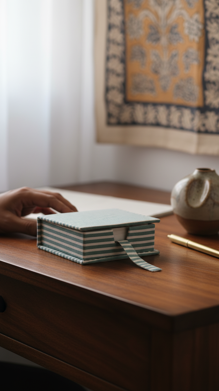 Handmade Block Print Slip Box | Sticky Notes | Indian Artisan Desk Organiser | Unique Gift Australia