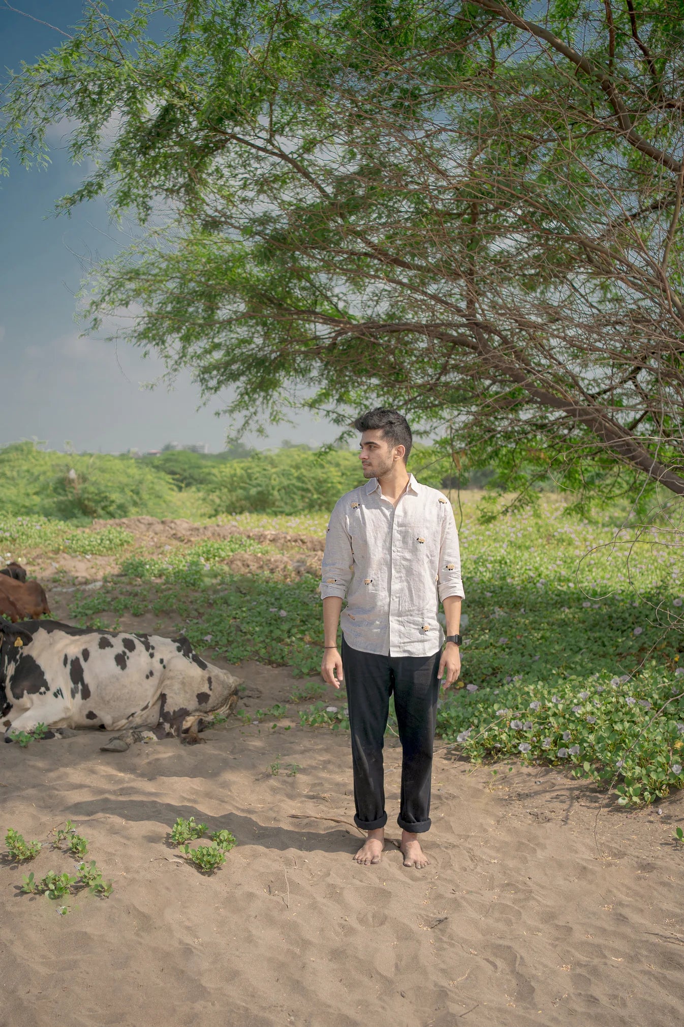 Black sheep shirt on beige linen